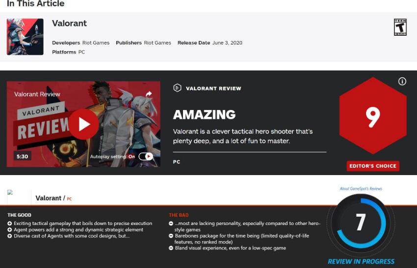 拳头射击游戏《无畏契约》评分解禁,IGN 9分/GameSpot暂评7分